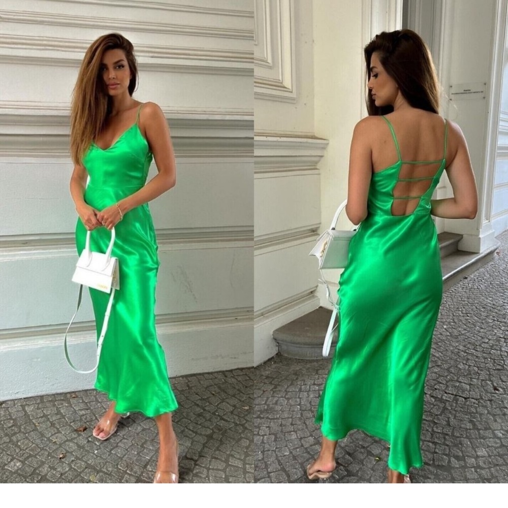 Zara satin effect green dress